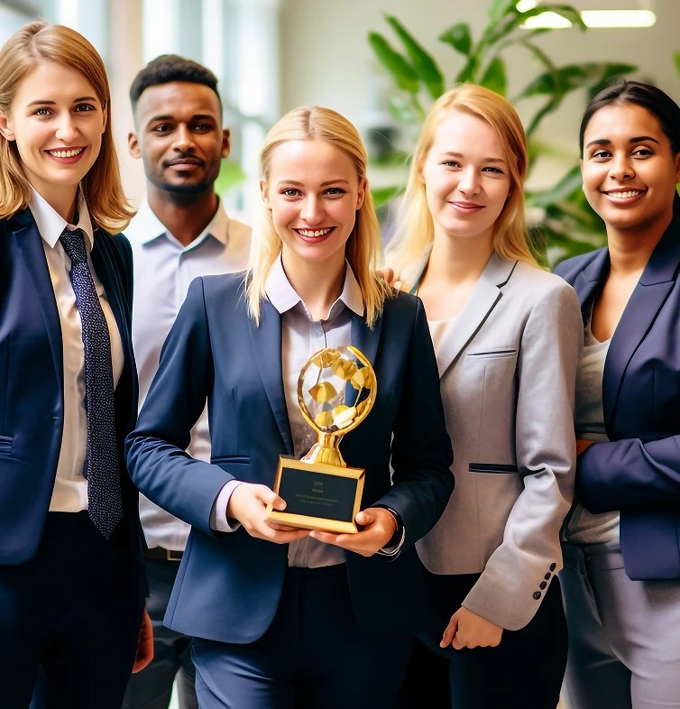 A team with their winning trophy in their hand.