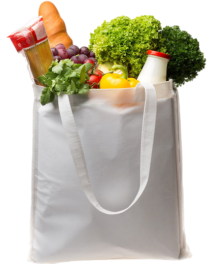 Fresh grocery bag filled with produce bread and pasta
