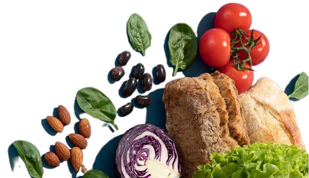 Fresh bread tomatoes lettuce cabbage almonds and beans