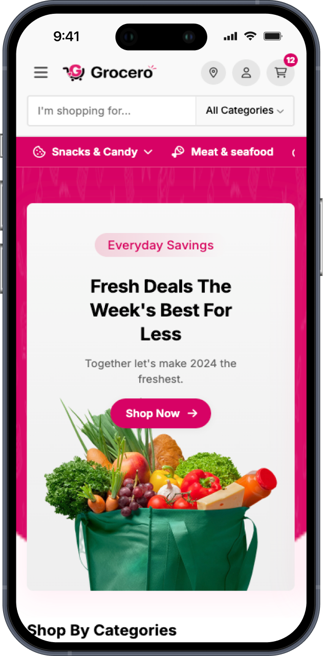 Grocero mobile homepage with hot deals