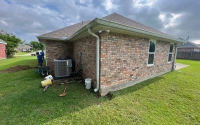 A brick home with a foundation repair.