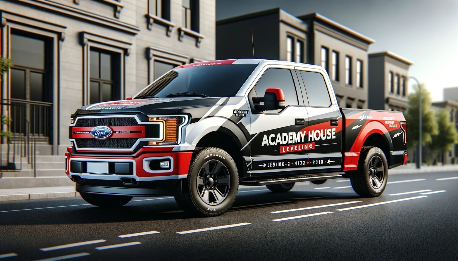 A ford f - 150 truck driving down a city street.