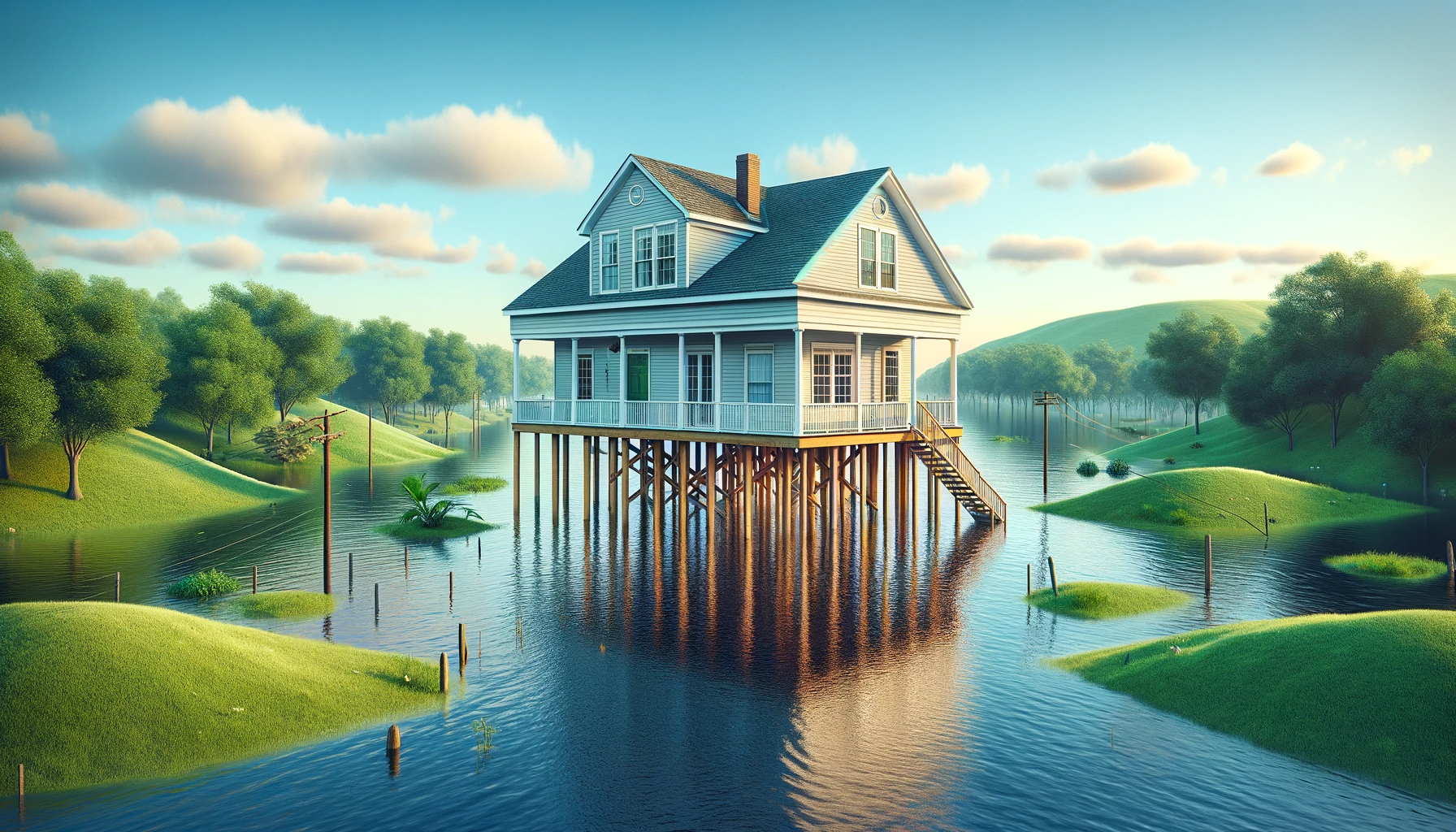 A lakefront home elevated on stilts, potentially eligible for government grants for home elevation.