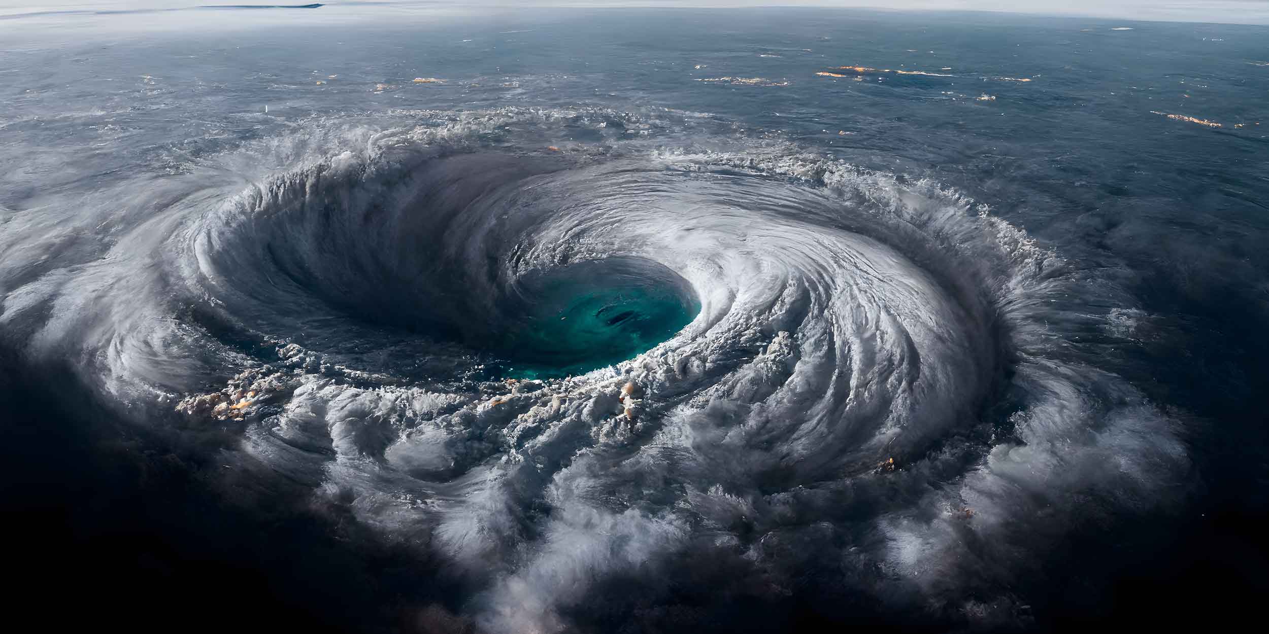 Aerial view of a massive, swirling storm system over the ocean, forming a prominent eye at the center surrounded by spiraling clouds—a stark reminder of the importance of hurricane preparation and strengthening your home's foundation.